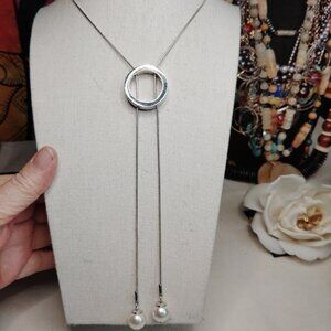 Alfani Silver Tone Lariat Necklace Adjustable Snake Chain Faux Pearl Pendant